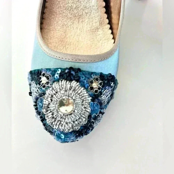Miss Albright Bijou Teal Blue Satin & Beaded Sequin Rhinestone Cap Toe Heels - Picture 3 of 16